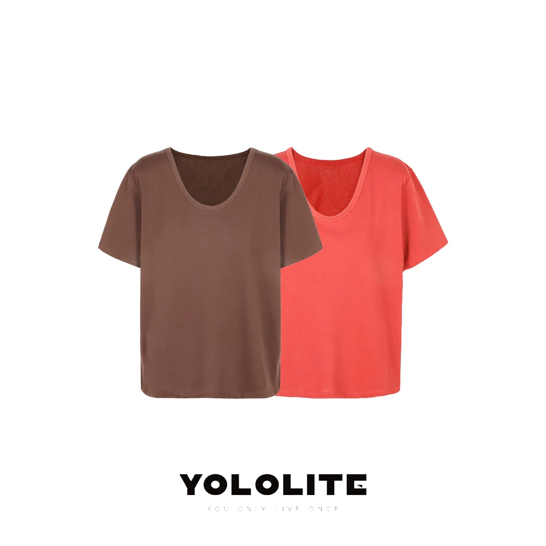YOLOLITE【玄朱】2898夏季新款鸡蛋领轻薄透气宽松基础短袖T恤