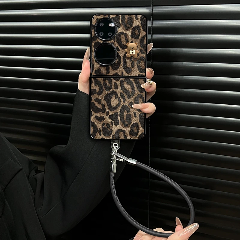 适用华为pockets手机壳豹纹小熊小羊皮折叠壳全包简约