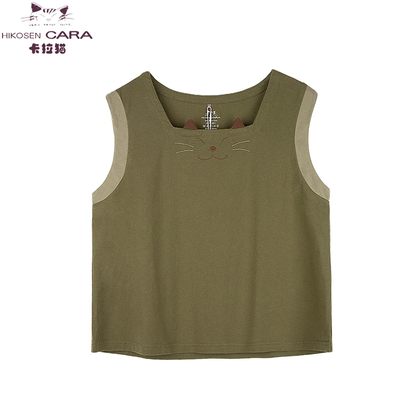 HIKOSEN CARA卡拉猫小猫咪无袖背心日本潮牌撞色宽松百搭棉女上衣