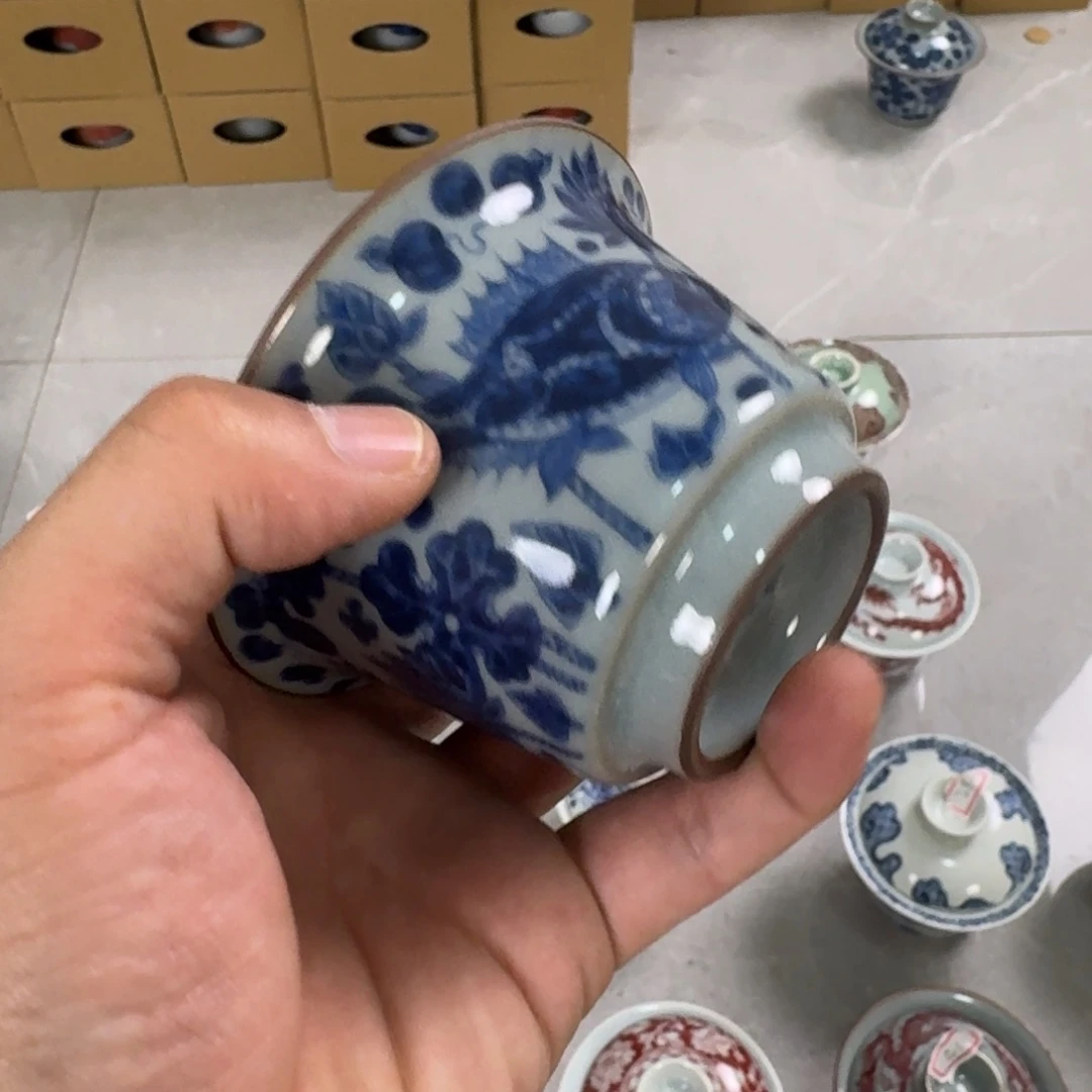 摆件老陶泥青花鱼藻纹两才盖碗