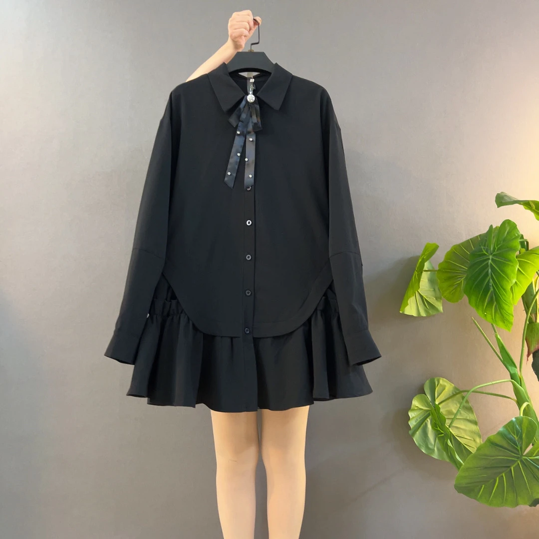 学院风长袖连衣裙翻领设计拼接荷叶边显瘦百搭春季新款衬衫