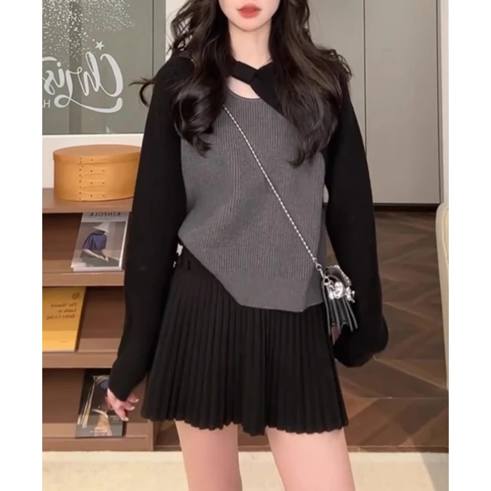 蝴蝶结不对称假两件针织衫女秋冬新款显瘦镂空毛衣打底衫长袖上衣