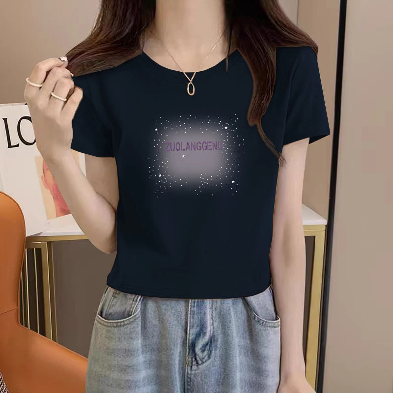 100#纯棉短袖T恤女圆领夏季新款小众设计感宽松休闲短款印花上衣
