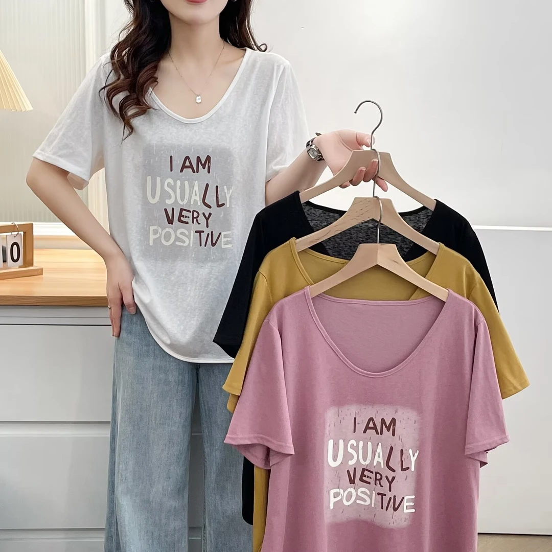 JIANAOBEN/简澳本大码洋气显瘦宽松简约时尚V领字母印花短袖T恤