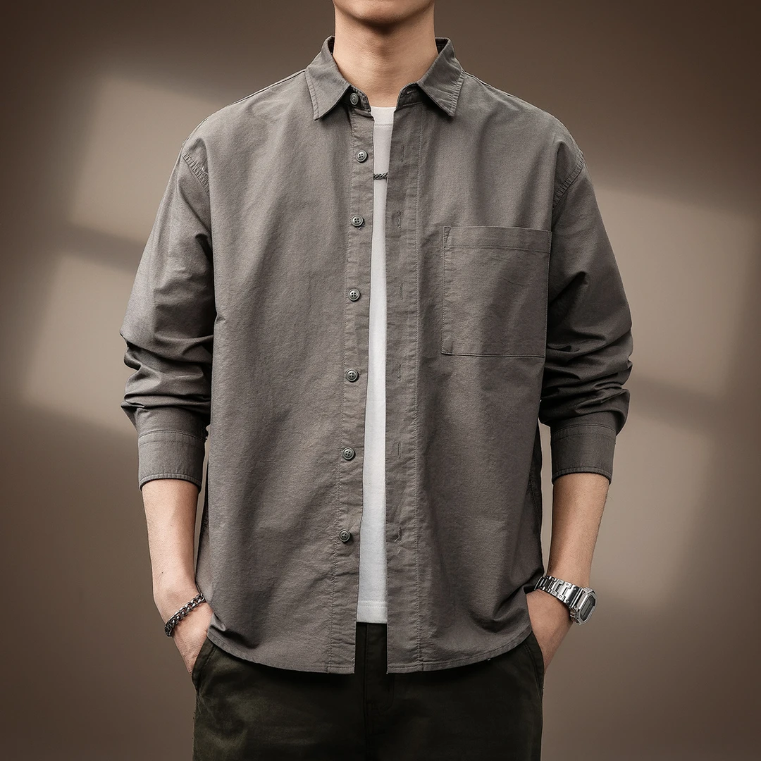 MR.MUDI/穆迪先生高端复古纯棉长袖衬衫男春季新款宽松工装衬衣