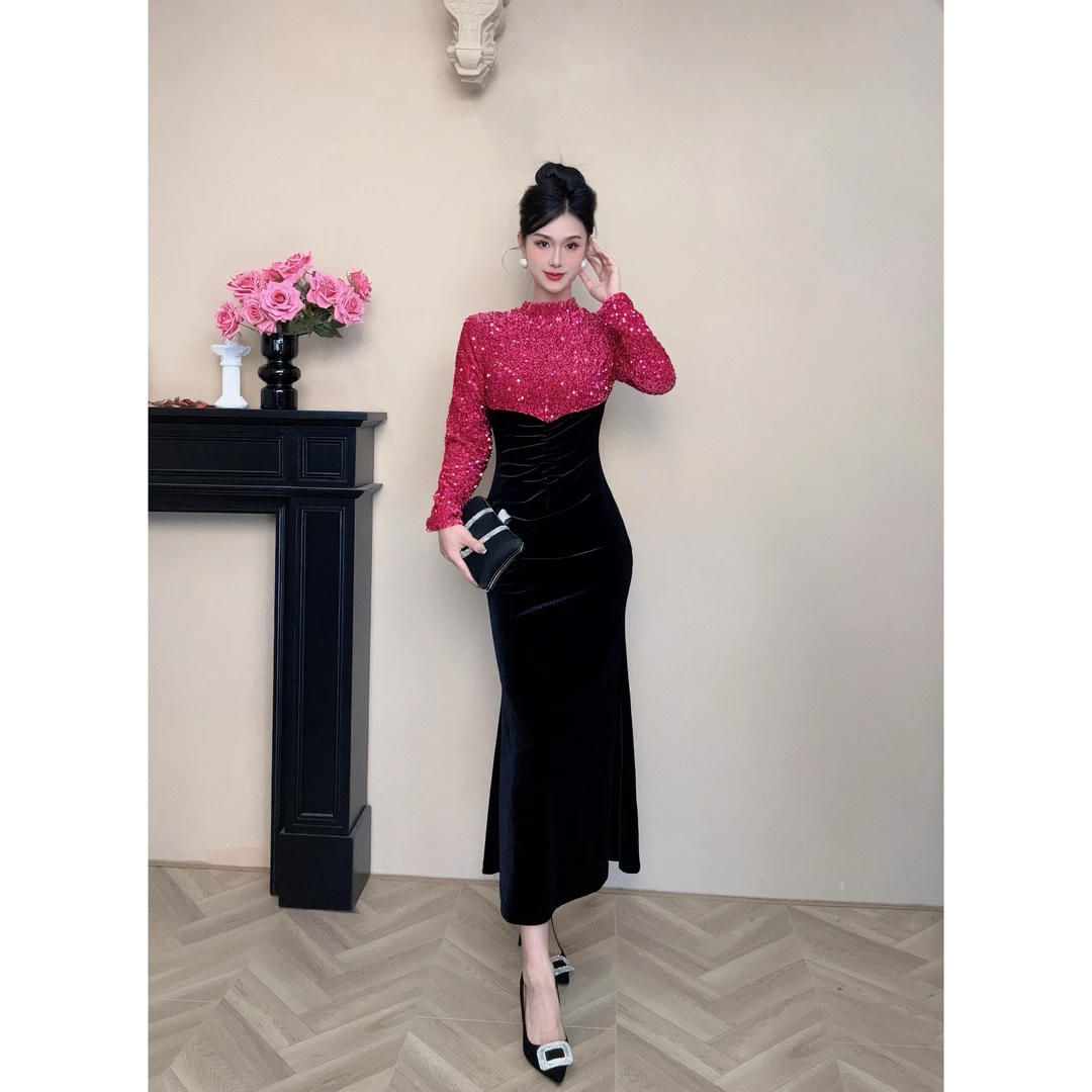 【设计师定制】新款时尚拼接亮片收腰显瘦轻奢连衣裙21595