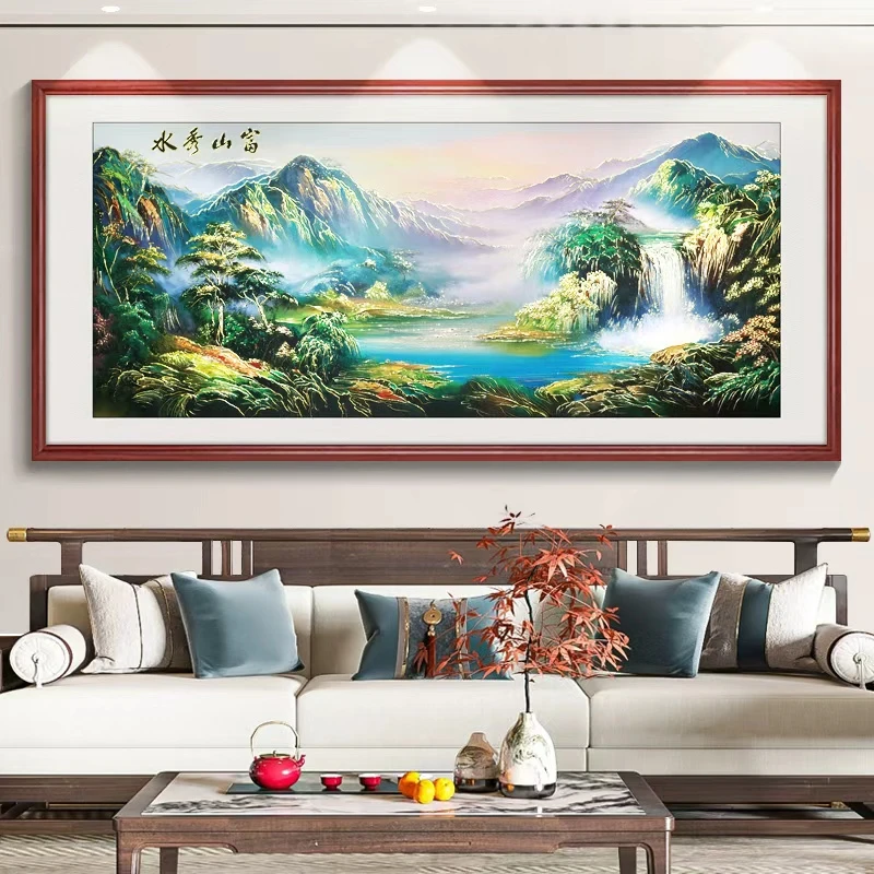 浮雕描金 富山秀水  新中式山水画客厅装饰画沙发背景墙挂画