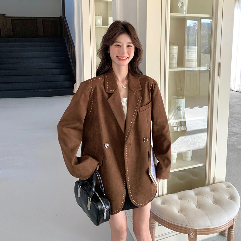 美拉德咖色正肩麂皮绒西装外套女春秋宽松休闲高级感超好看小西服