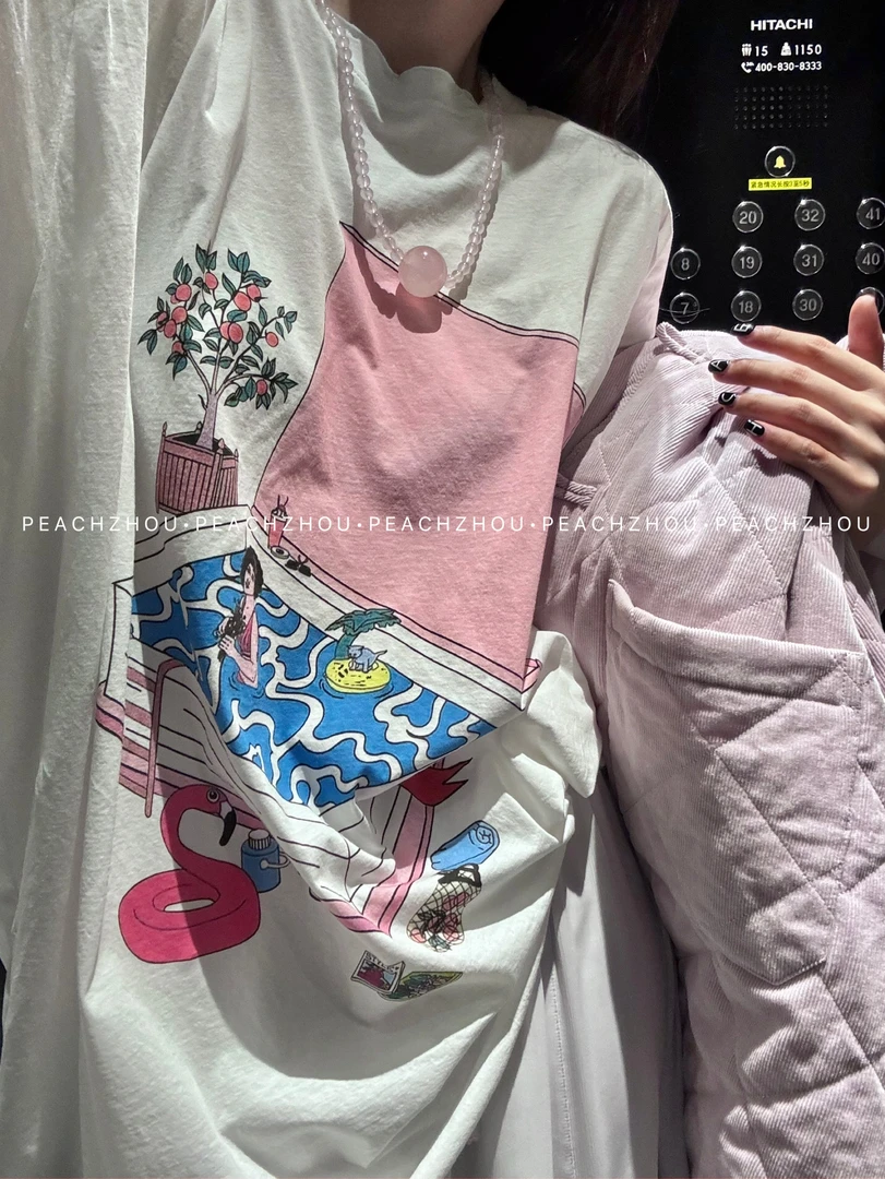 『PEACHZHOU』淡粉插画印花新疆棉卷边宽松圆领短袖休闲洋气慵懒T恤