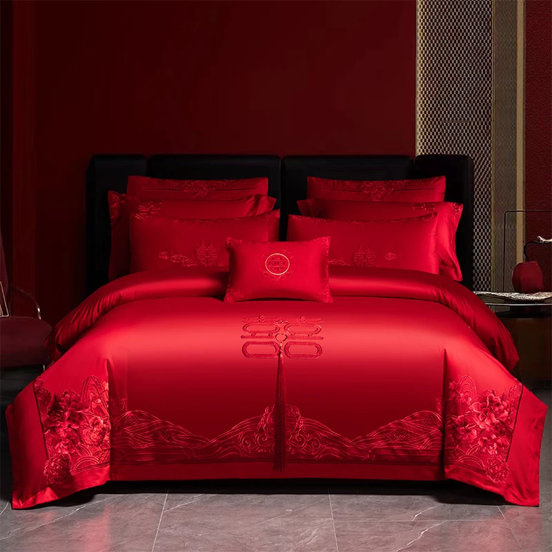 中式新婚庆四件套刺绣大红色全棉结婚床上六件套婚嫁喜被纯棉婚被