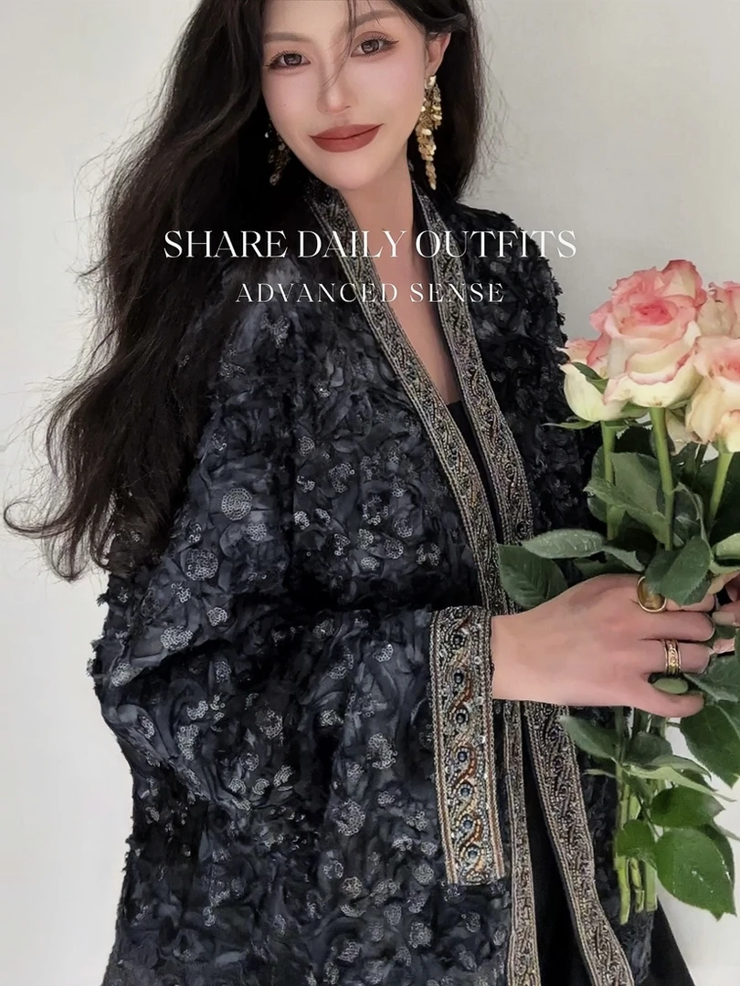 高温妮【雾蓝绣球】中国风重工蕾丝复古刺绣晕染开衫5e32249休闲