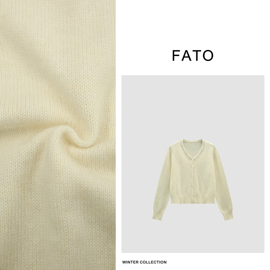 【郑买买】初雪 绵羊毛兔毛百搭亮片v领针织开衫 CC41211M2