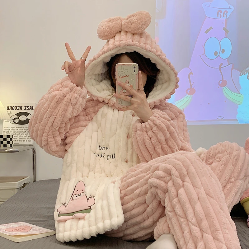 芯语婷秋冬季新款甜美卡通三层加厚夹棉女士睡衣御寒保暖家居服