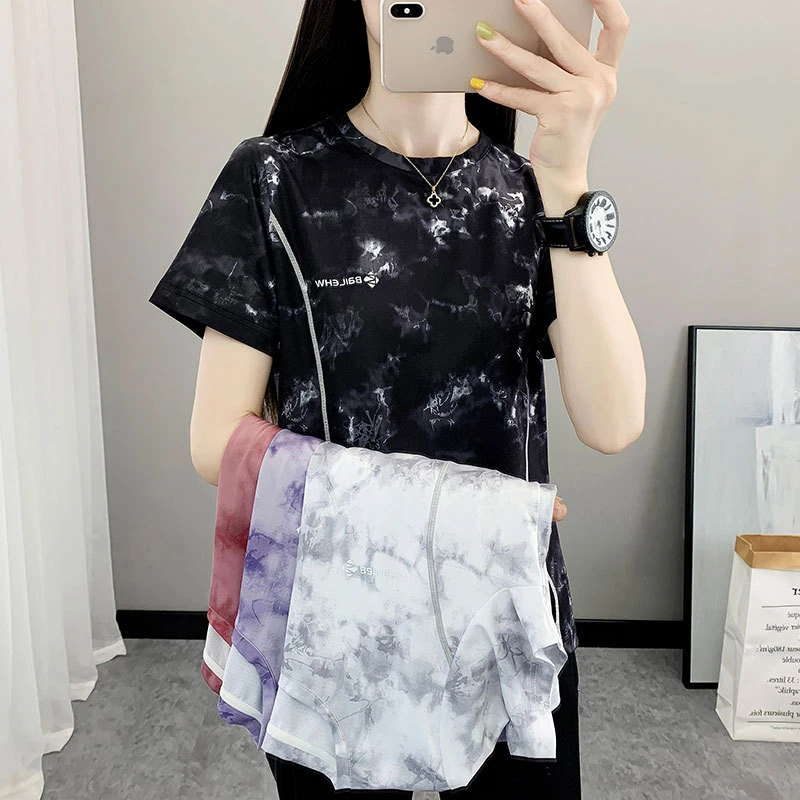 户外弹力印花圆领短袖女时尚上衣透气夏新款速干t恤登山快干跑步