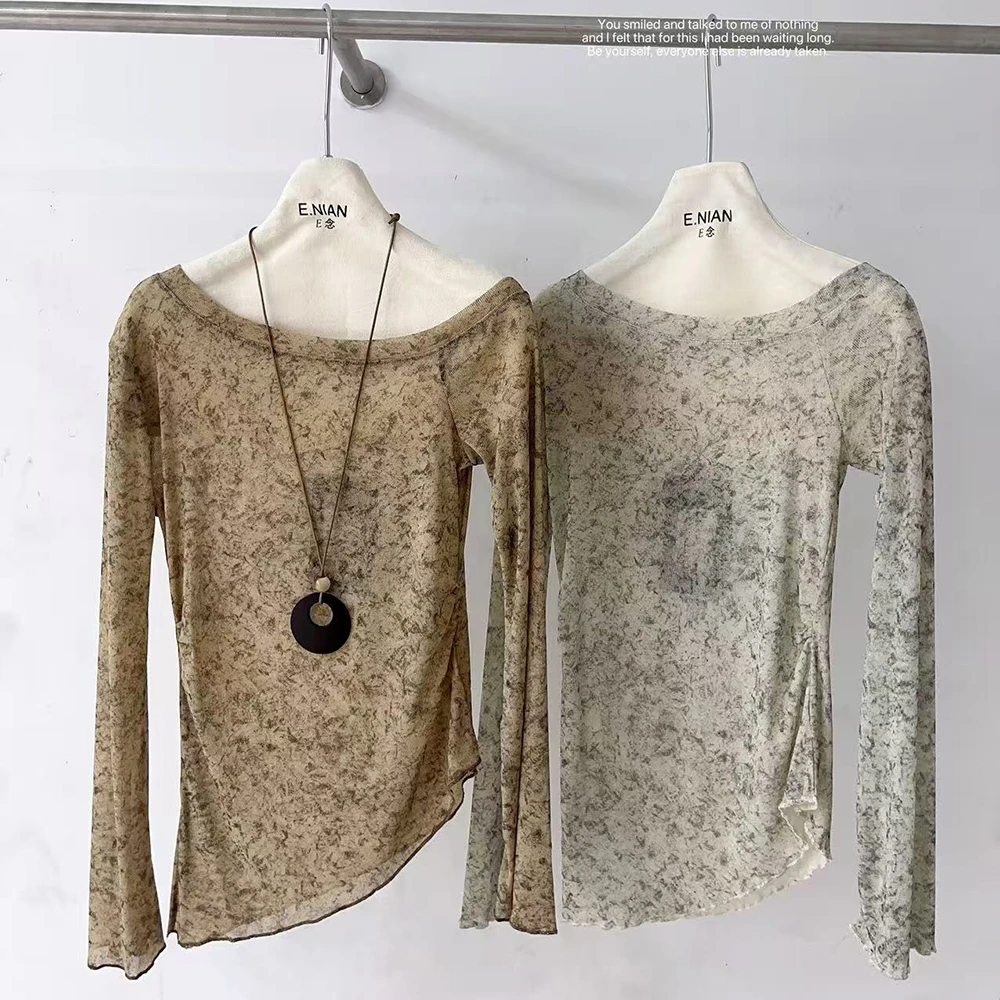 E念6131漂亮小上衣女2025新款漂亮绝美斜肩长袖t恤防晒罩衫薄款