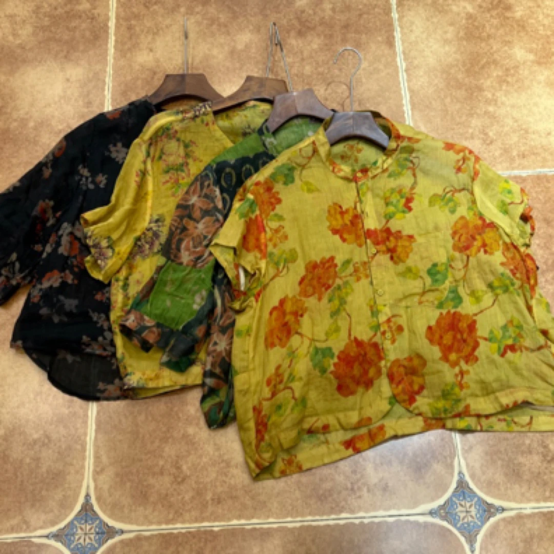 汝州喷姐2025夏季新款气质百搭新中式短袖花色宽松衬衫