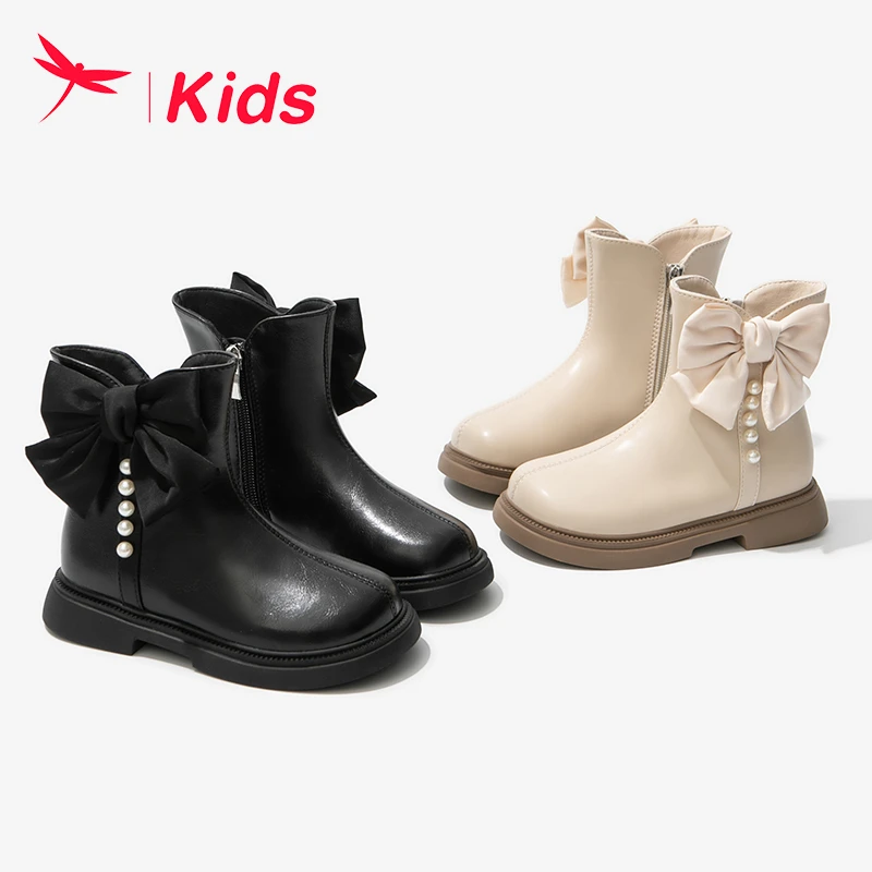 红蜻蜓女童靴子儿童公主小短靴马丁2025新款冬季加绒宝宝皮靴大棉