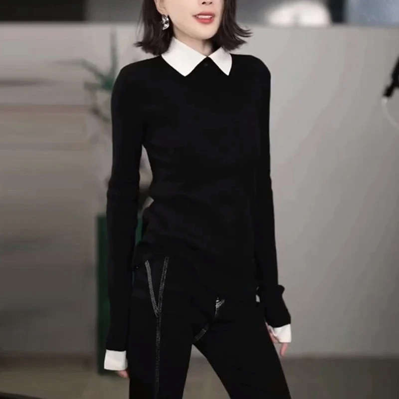 M718韩系高级感休闲减龄上衣女秋季新款修身显瘦翻领洋气针织衫