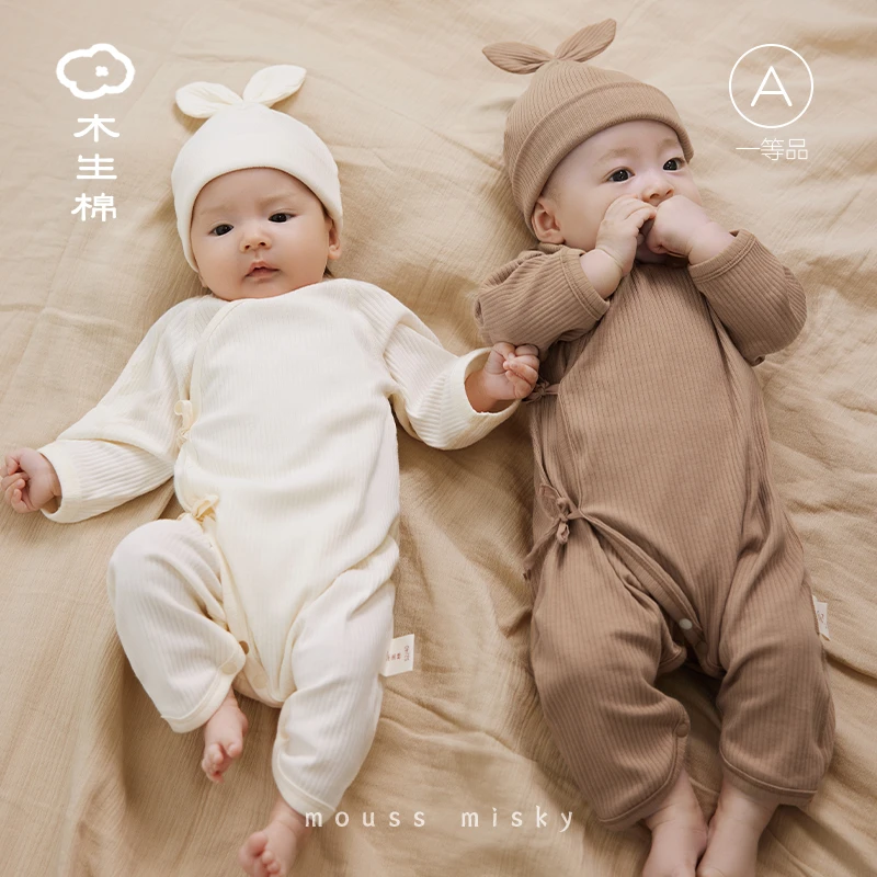 【柳条罗文系列】木生棉绑带蝴蝶连体衣春秋和尚服连体睡衣宝宝爬服