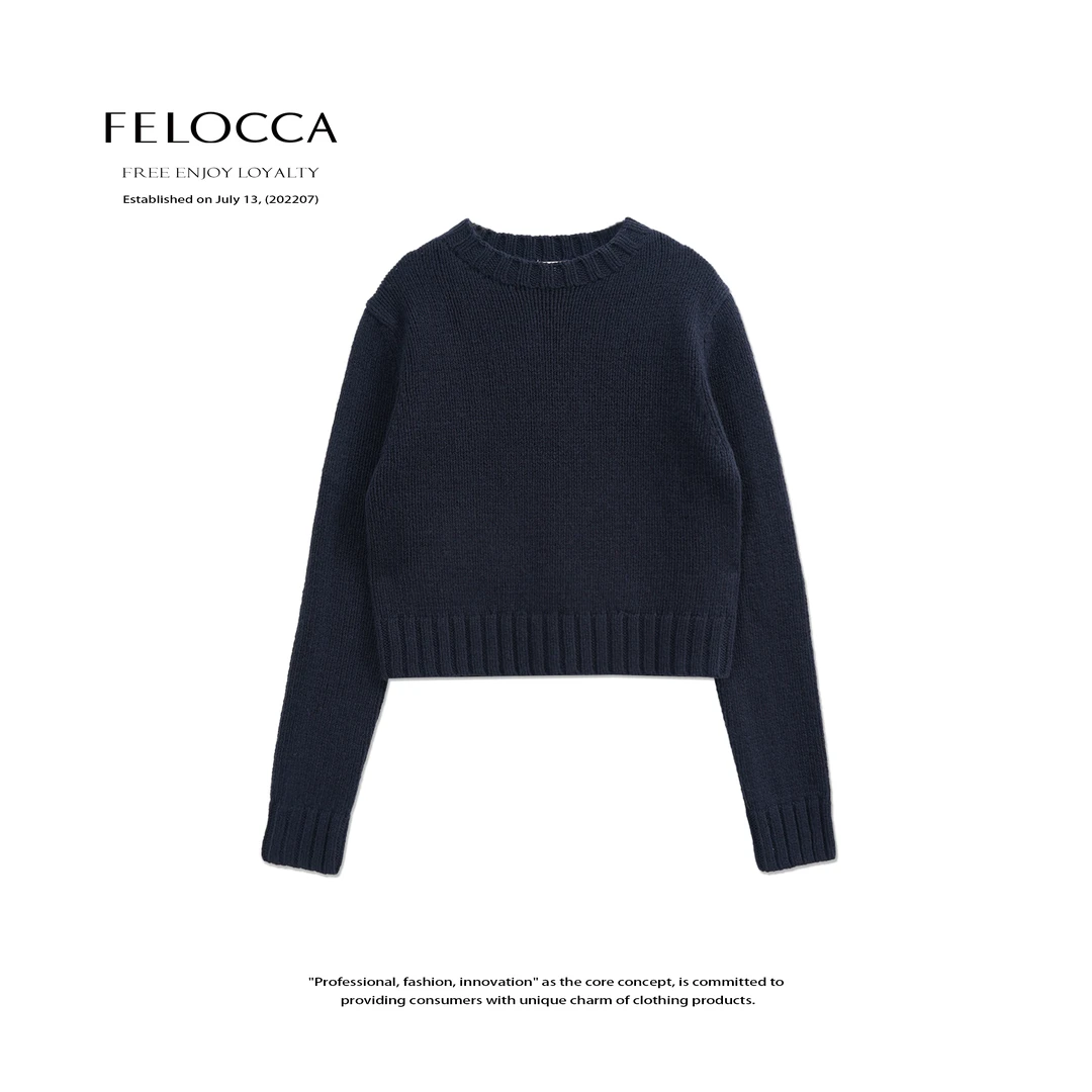 【FELOCCA】新新休闲百搭羊毛宽螺边圆领长袖短款针织毛衣25AMZ647