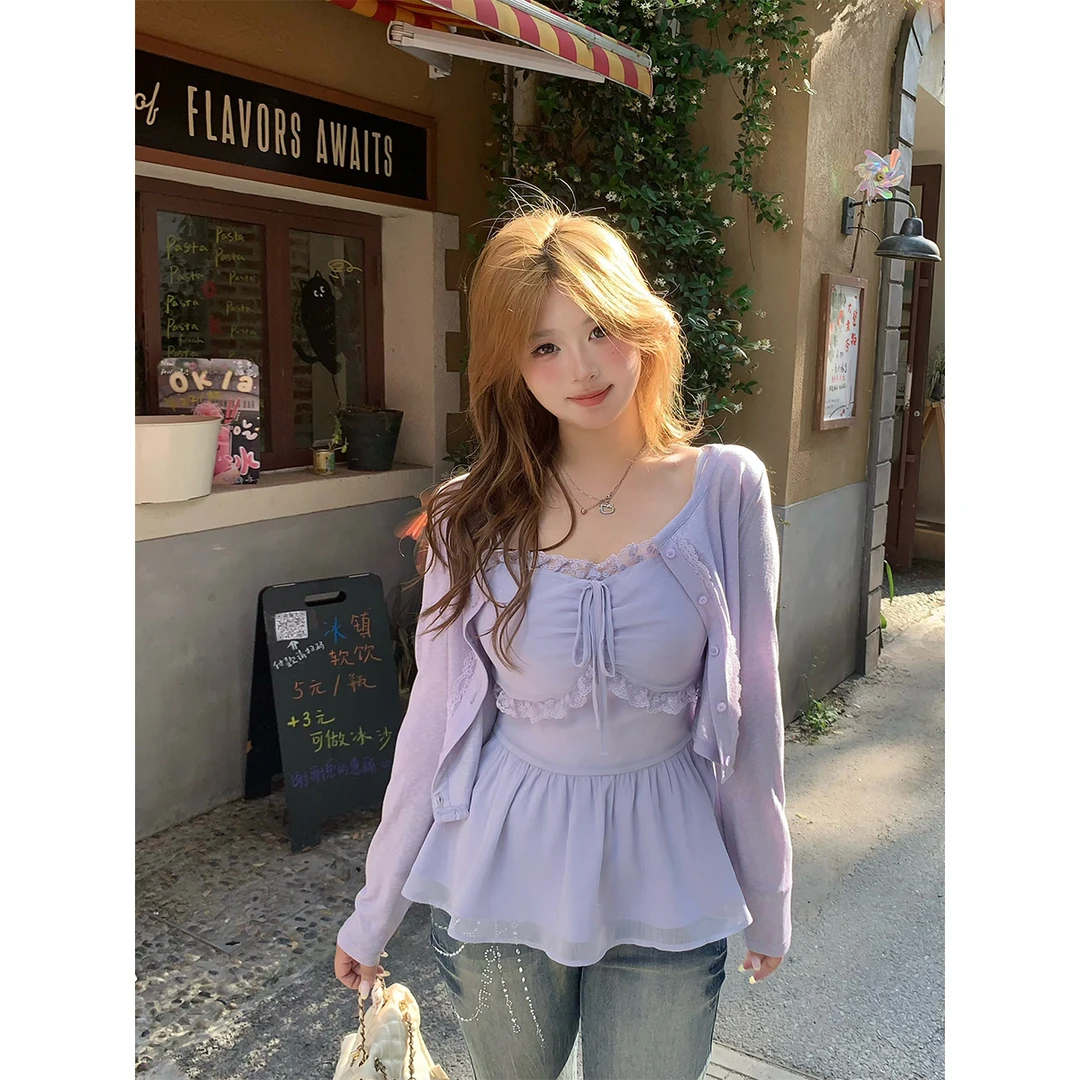 安妮不火【纯情恋感】新款小众设计温柔系吊带+开衫套装A251B0084