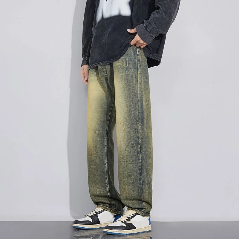 美式重磅水洗泛黄牛仔裤男黄泥染直筒裤潮牌水洗做旧休闲长裤子