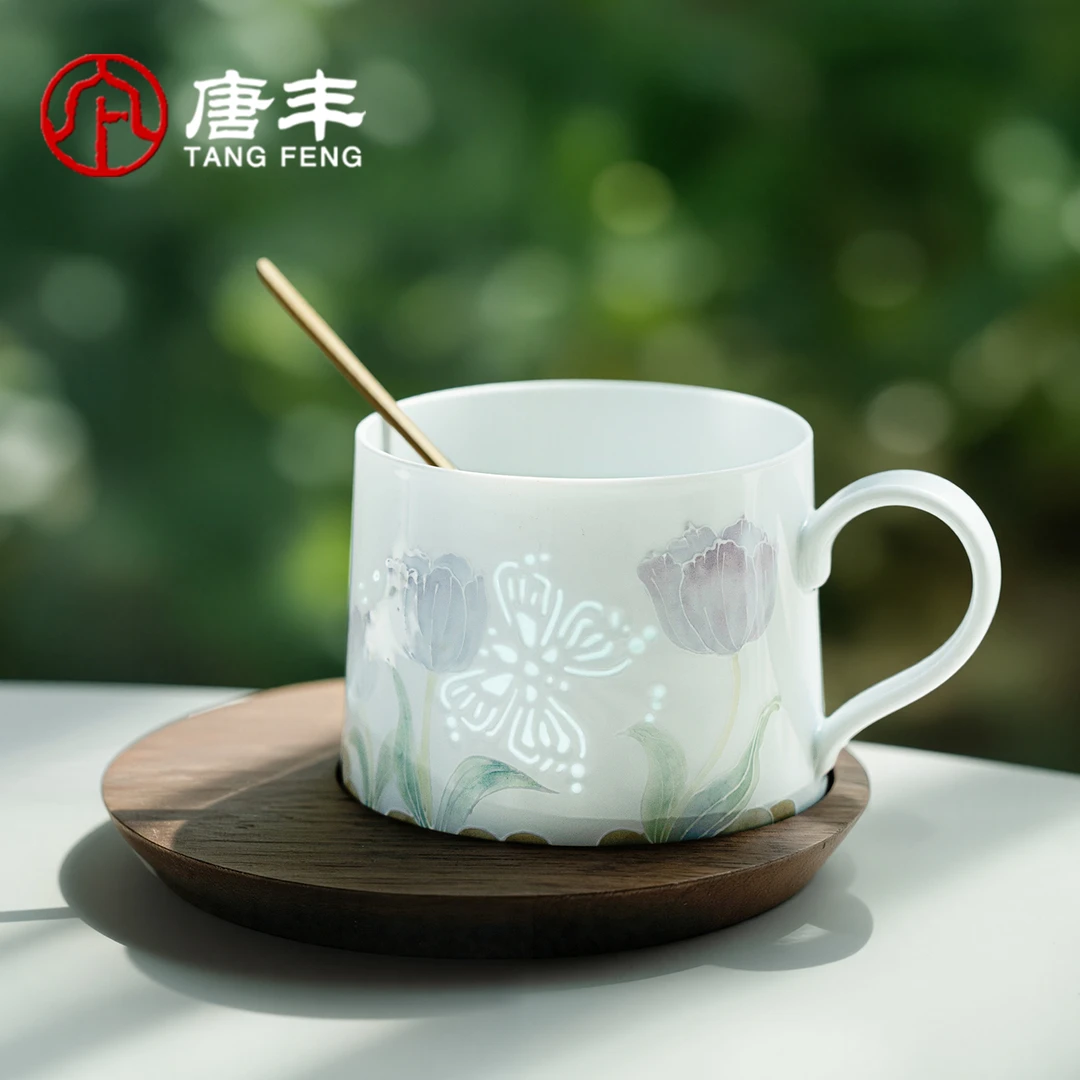 唐丰郁金香玲珑咖啡杯碟套装家用办公女士下午茶咖啡拉花杯马克杯