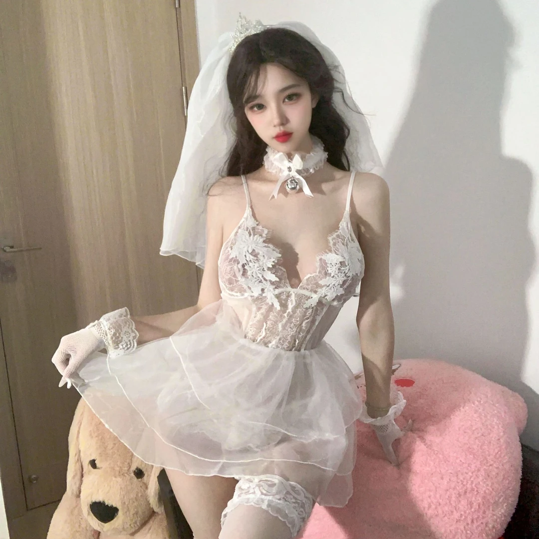 性感婚纱cos睡裙超短裙V领纯色透气睡衣吊带裙纯欲风聚拢蕾丝透明