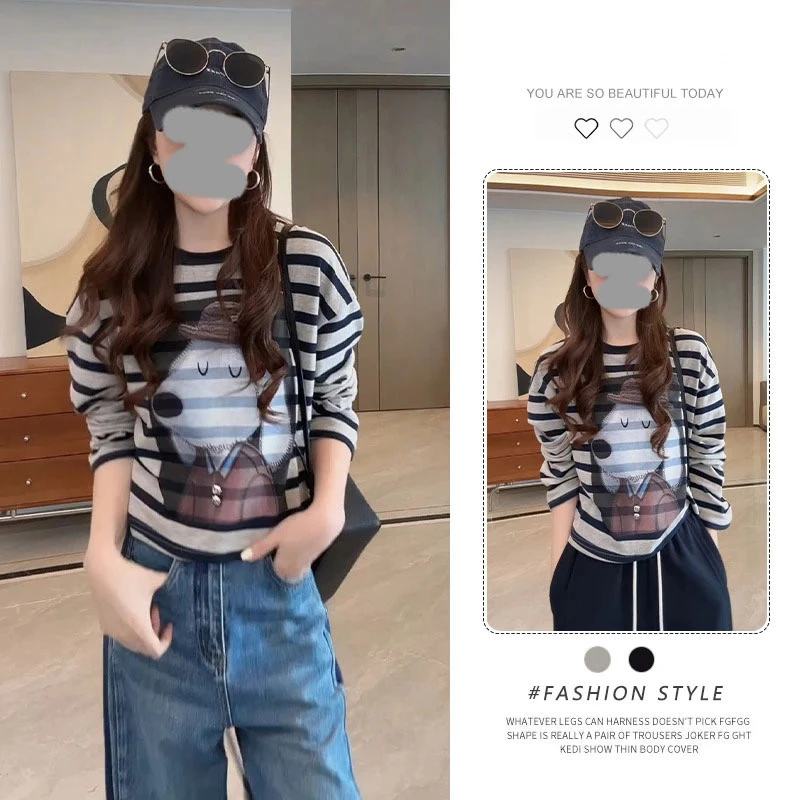 美式慵懒防晒罩衫T恤女2025秋季新款圆领撞色条纹趣味印花打底衫