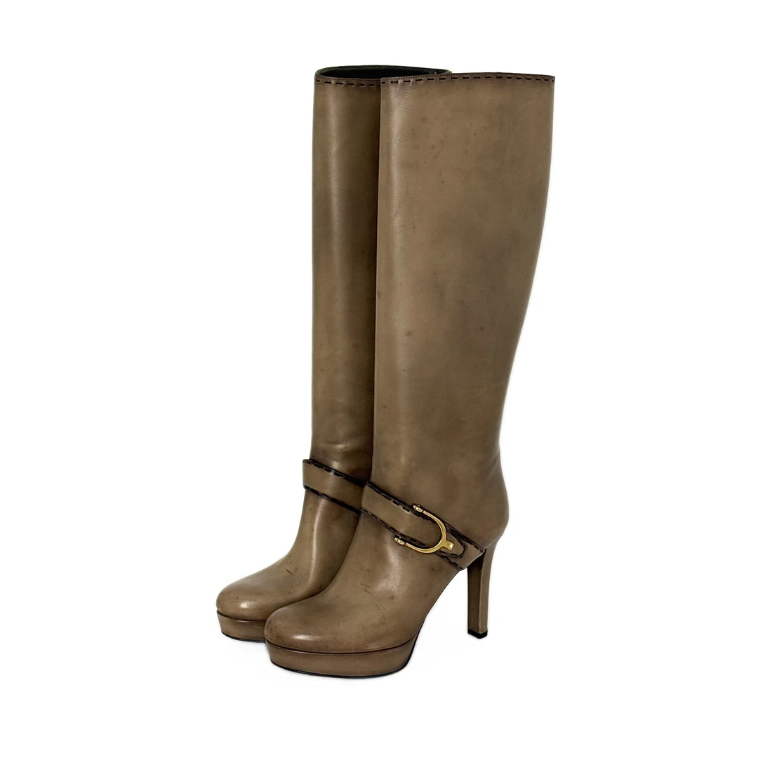 Gucci/古驰 长靴做旧款棕色女士时尚高跟高筒靴 SGUO155