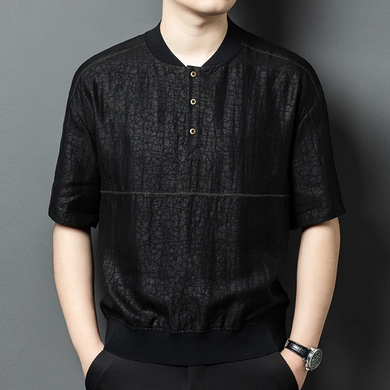 真丝桑蚕丝100%新款男装龟裂纹上衣中国风宽松短袖新款爆款透气潮