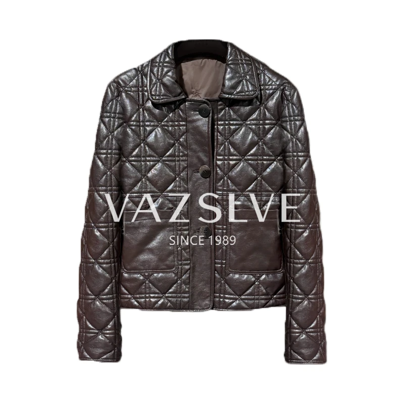 【VAZSLVE/全新奢品】捡漏桑蚕丝水晶翡翠菱形格航线羊皮外套2558