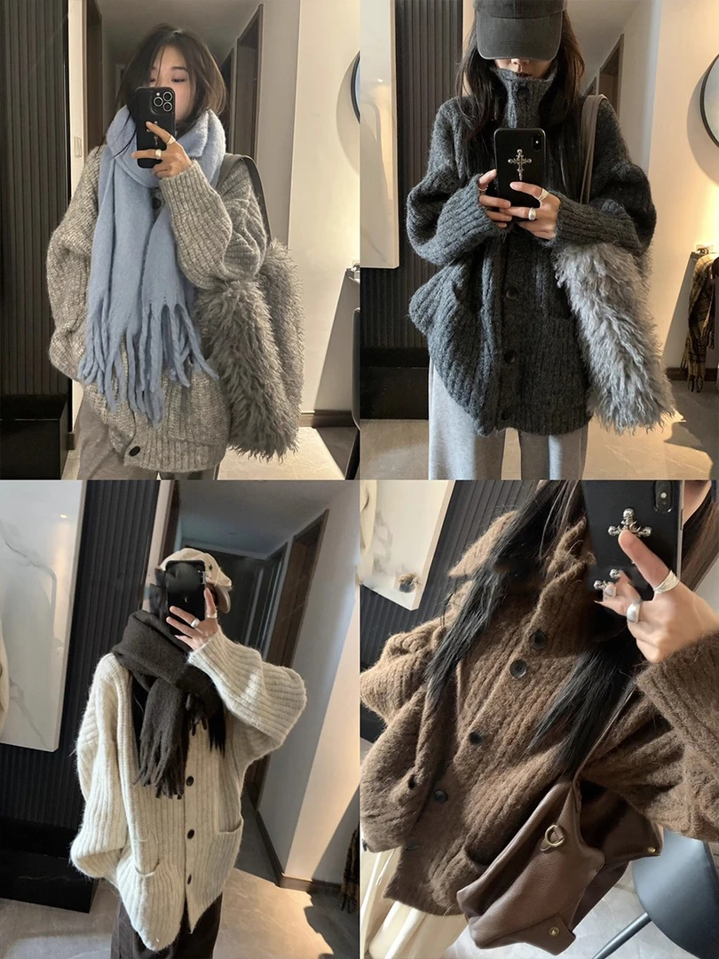 【慵懒LOOK】韩系休闲高领纽扣毛衣外套女秋冬加厚软糯针织开衫上衣