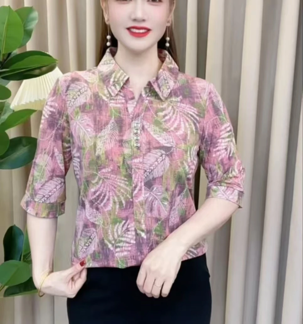 夏季新款洋气妈妈装七分袖衬衫领上衣气质显瘦中老年时尚薄款小衫