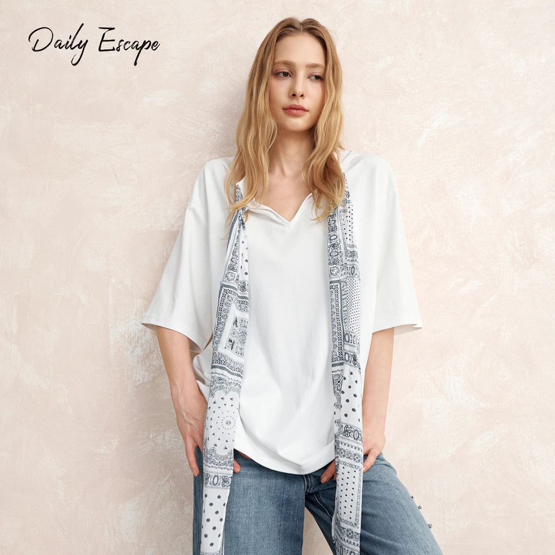Daily Escape圆领廓形飘带短袖T恤女夏2025新款白色休闲宽松体恤