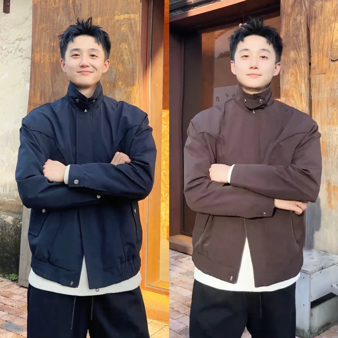 美式复古哈林顿工装夹克男款秋季户外防风翻领撞色格子领短款外套