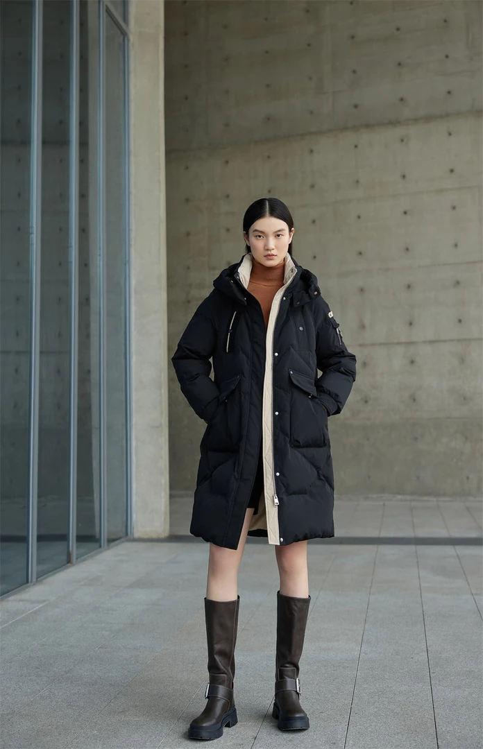 内领撞色长款带帽羽绒服显瘦时尚中长款加厚保暖过膝冬季咖色803