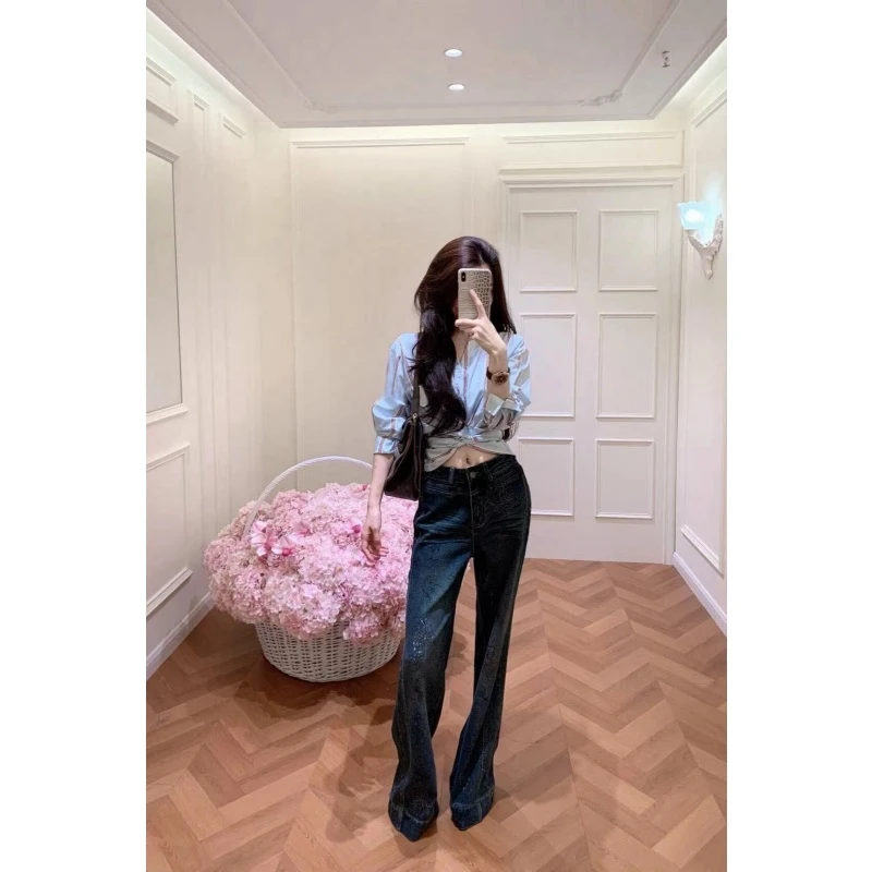 韩系减龄设计感条纹翻领长袖衬衫女秋季高腰气质垂感百搭牛仔裤潮