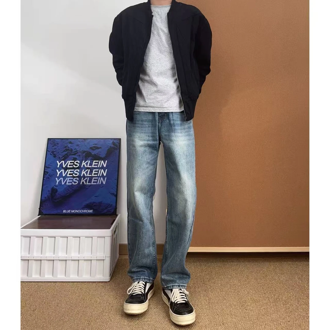 秋冬美式直筒牛仔裤水洗扎花Cleanfit宽松百搭基础款直筒裤