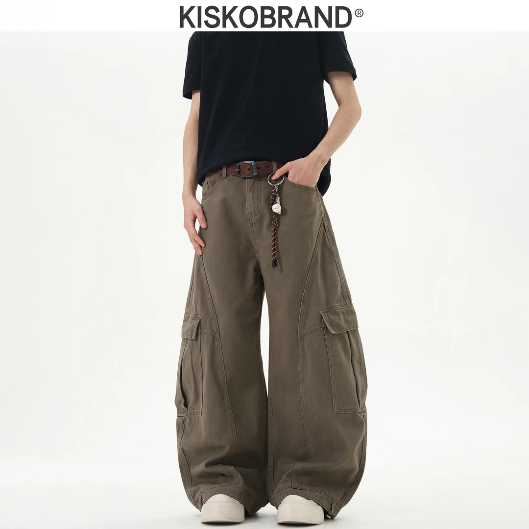 KISKO美式复古解构设计阔腿弯刀牛仔裤男女新款宽松休闲工装长裤