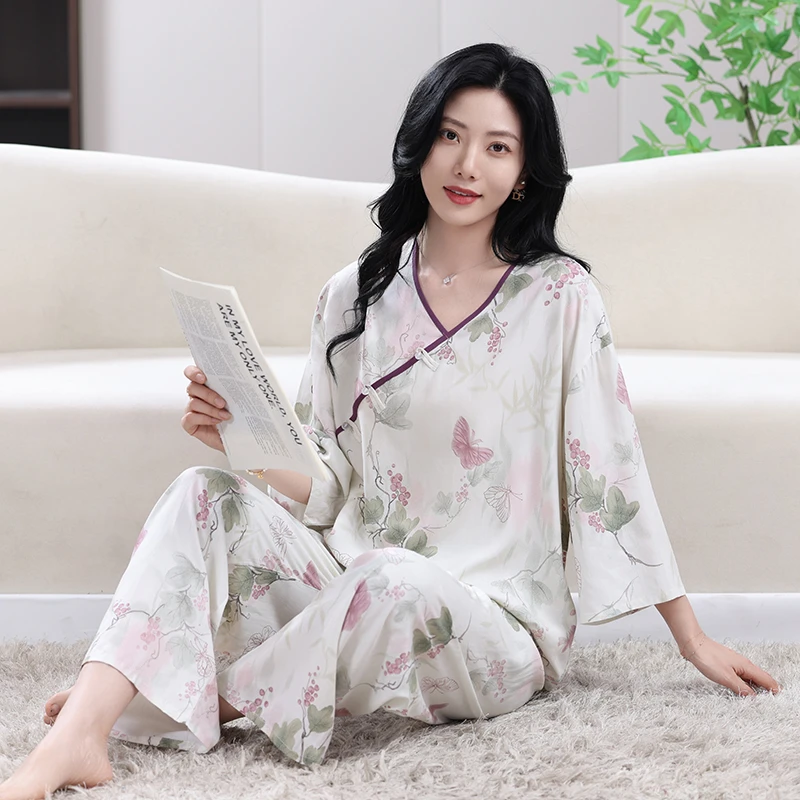 春秋新品女式棉绸睡衣套装人造棉居服款式舒适睡衣睡裤
