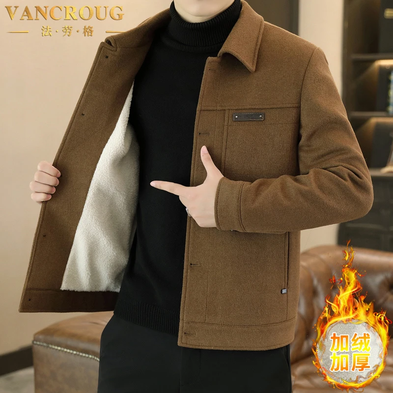 VANCROUG/法劳格夹克男士秋冬新款时尚韩版修身翻领加厚呢子外套