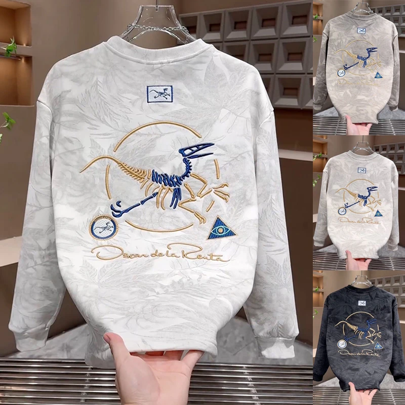 国潮风恐龙鸟图案卫衣男士2025年新款秋冬季刺绣长袖加绒上衣爆款