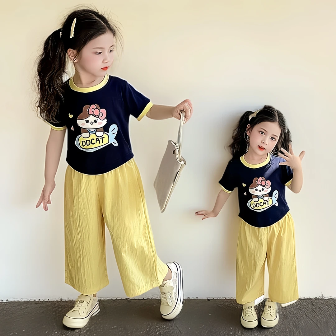 夏季女童休闲套装儿童洋气女孩宽松印花卡通可爱简约透气潮流时尚