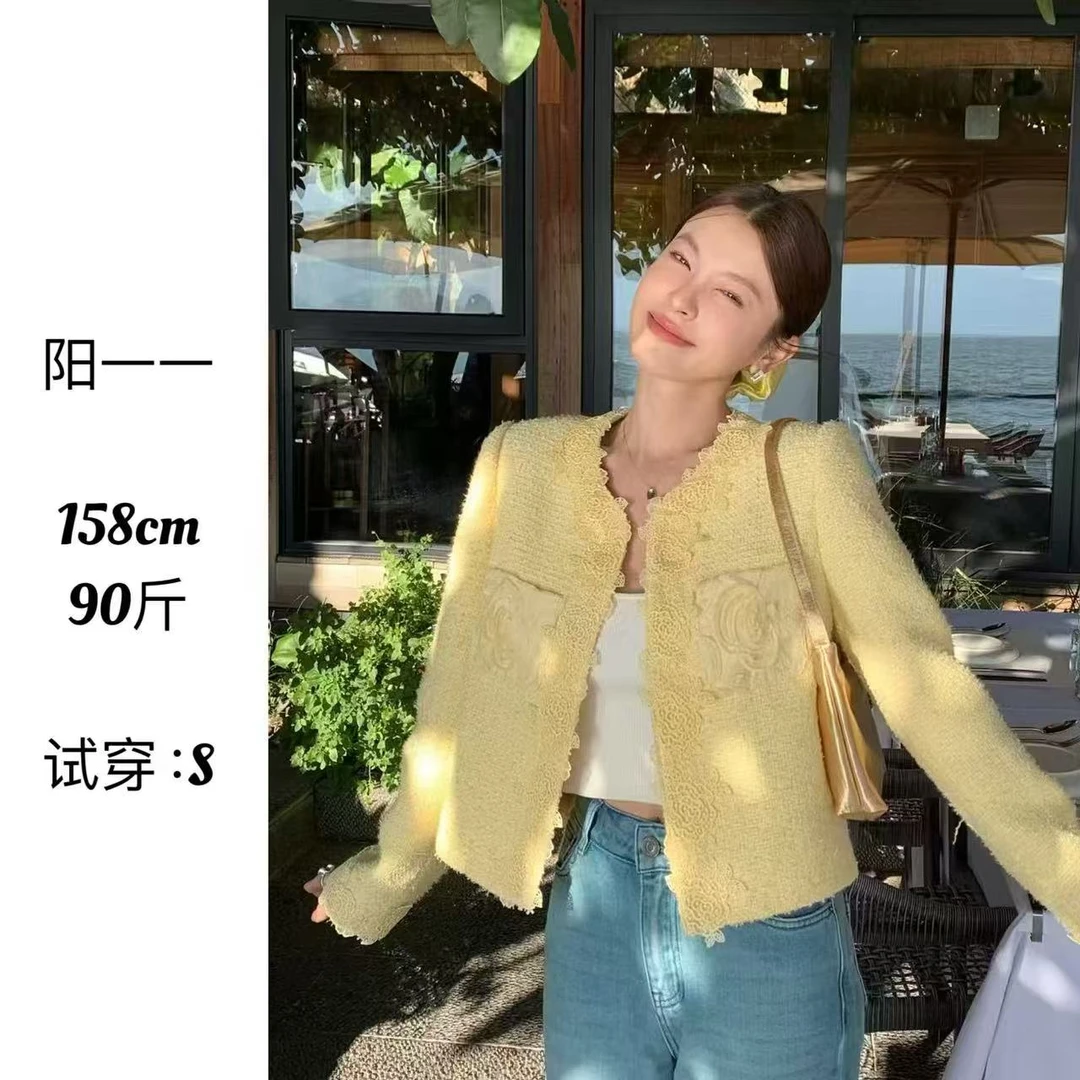 韩版名媛千金风重工立体花朵拼接蕾丝花边小香风外套短外套