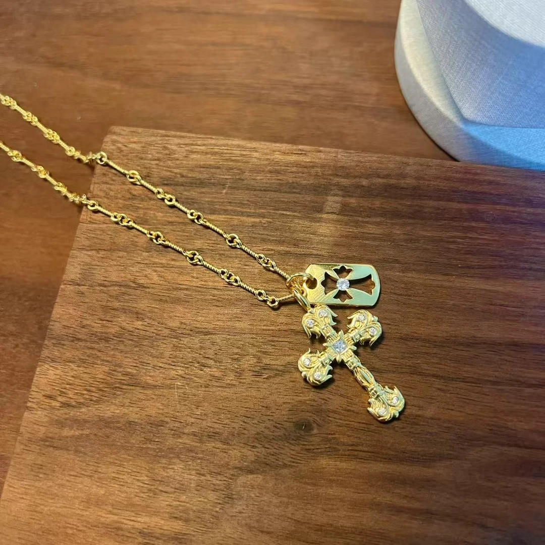 铜合金合成锆石项链 【火焰军牌】双十字架男女潮流高级感小众CC