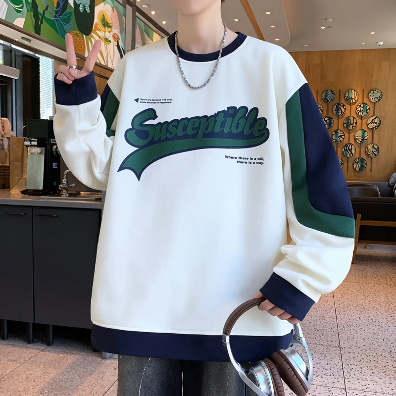 秋季新款青少年美式韩版圆领卫衣撞色袖设计男生宽松舒适百搭卫衣