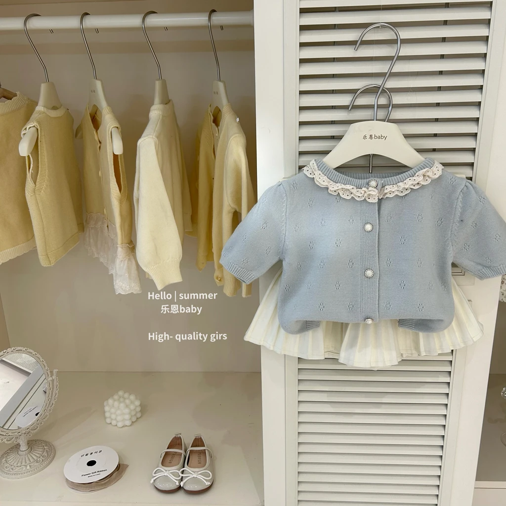 【乐恩baby】2025春夏女童甜美蓝色针织衫开衫百褶半身裙洋气两件套