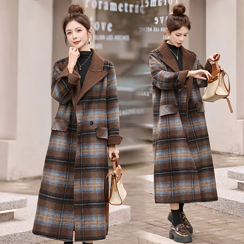 高级感复古格纹双面羊毛外套女2025秋冬新款韩版长款过膝呢子大衣