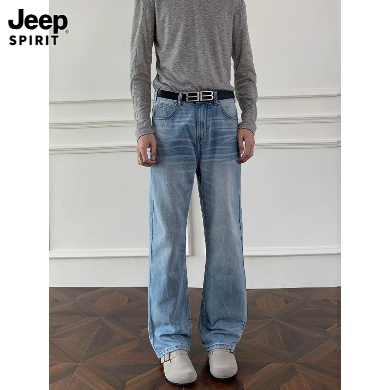 Jeepspirit吉普2025秋季新款内景微喇扎花闪电纹牛仔裤男士时尚休